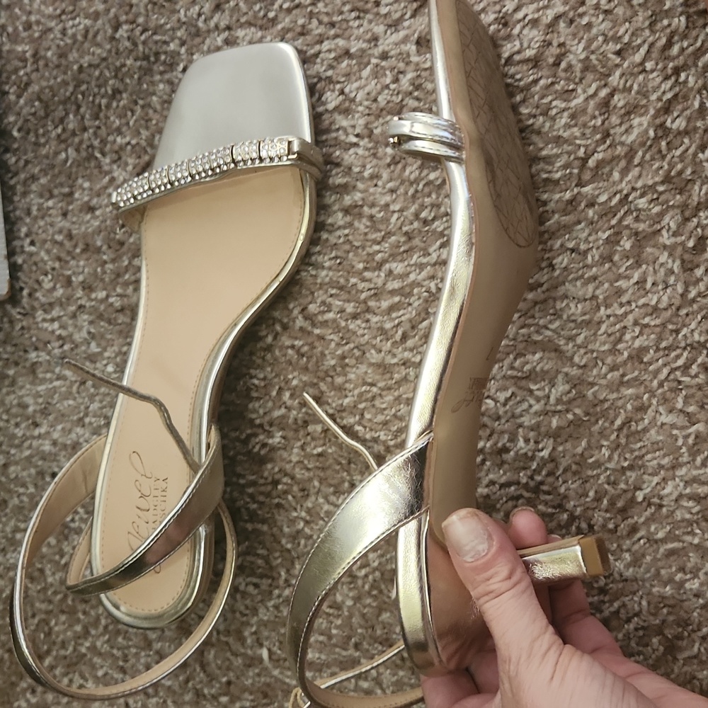 Badgley Mischka Strappy wrap sandals 2" heel with crystal detail embellishments.